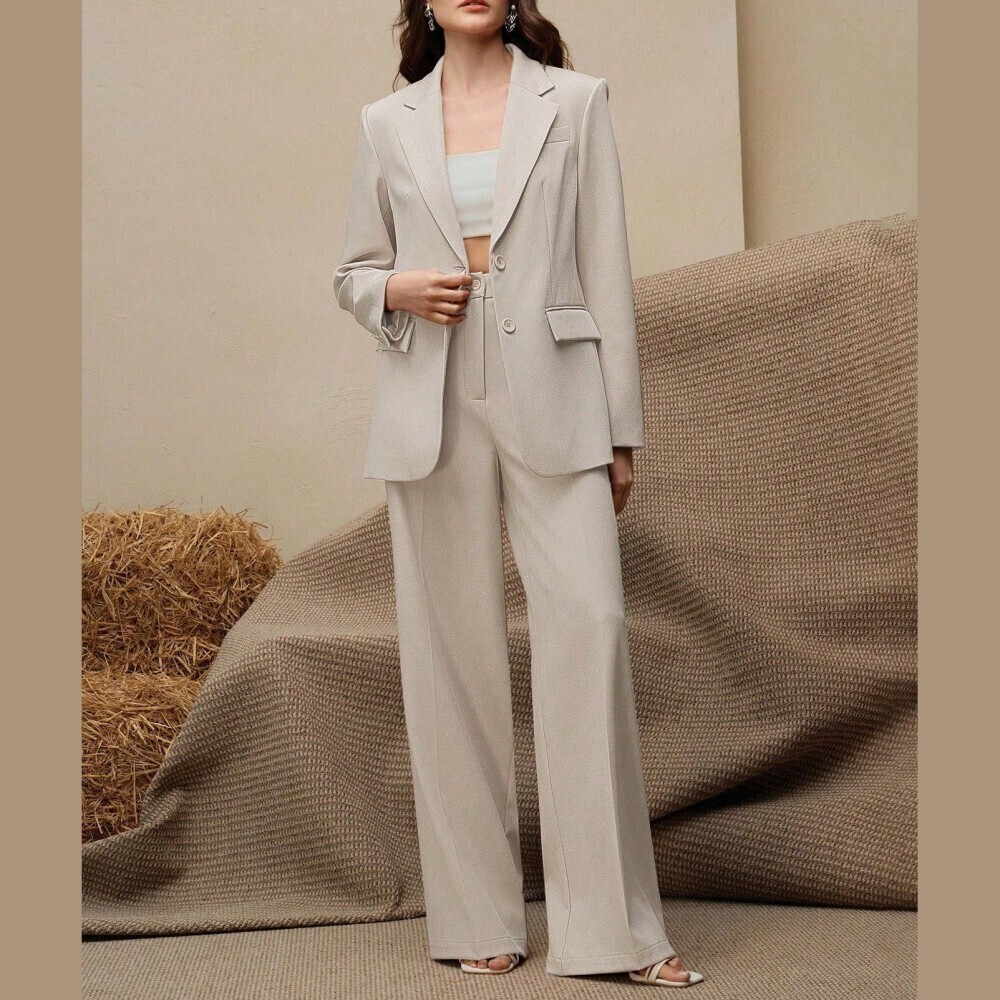 Cream Textured Piped Notch Lapel Blazer and Extra Long Wide Leg Pants Set